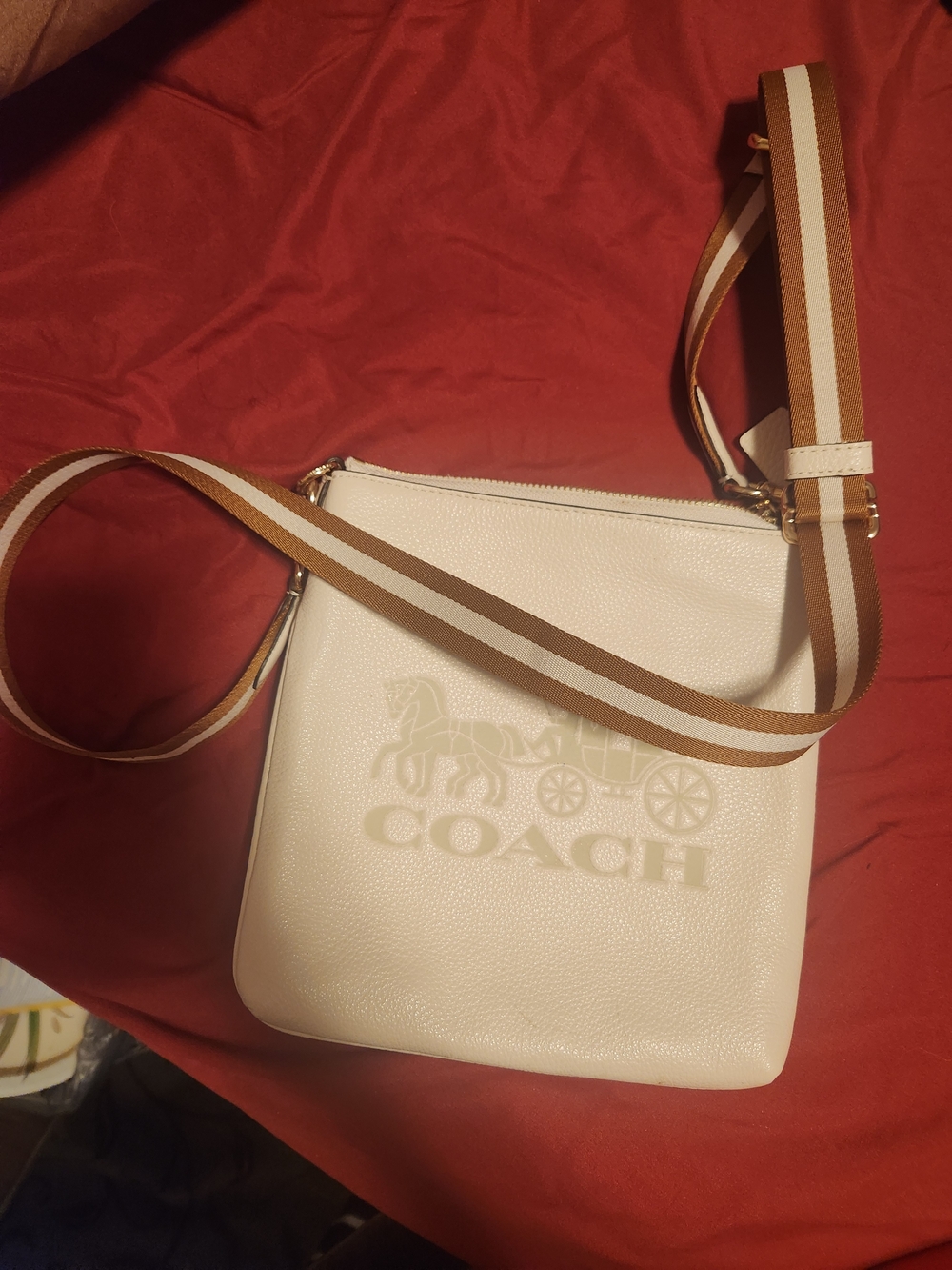 COACH White Pebble Leather Crossbody Bag with Striped Strap
